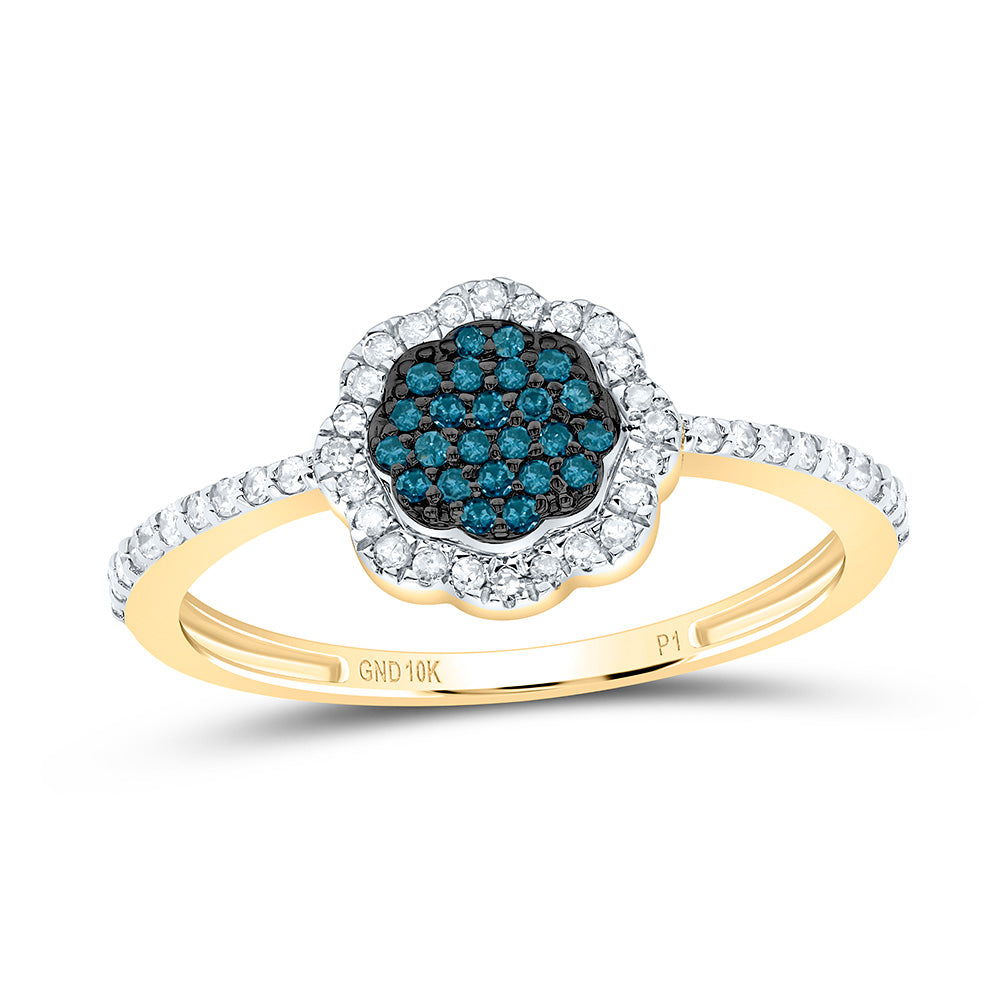 10K Yellow or White Gold 1/4 Ctw Natural Diamond Blue Diamond Flower Ring, Womens Size: 5-9