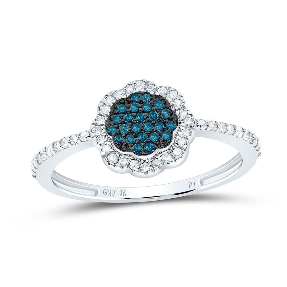 10K Yellow or White Gold 1/4 Ctw Natural Diamond Blue Diamond Flower Ring, Womens Size: 5-9