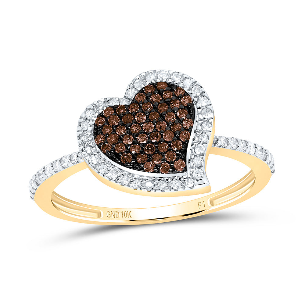 10K Yellow or Rose Gold 1/3 Ctw Natural Diamond Cognac Natural Heart Ring, Womens Size: 5-9
