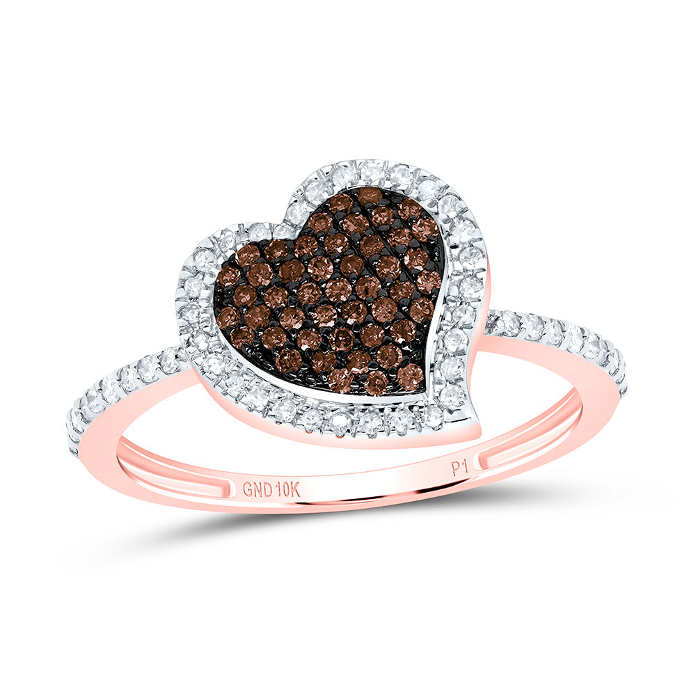 10K Yellow or Rose Gold 1/3 Ctw Natural Diamond Cognac Natural Heart Ring, Womens Size: 5-9