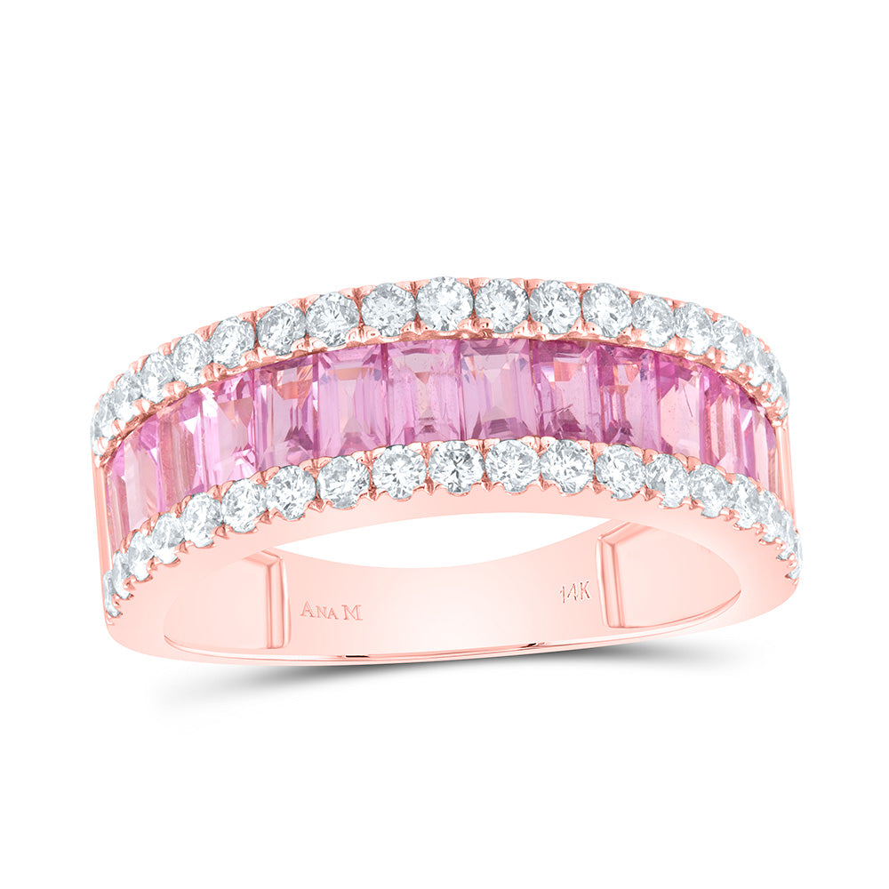 14K Rose Gold 1/2 Cttw Natural Diamond Ana M 1 5/8Ctw Baguette Pink Sapphire Natural Gem Ladies Band