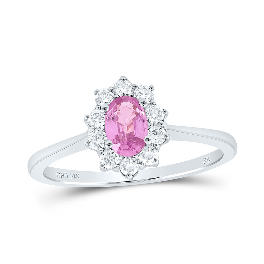 14K White or Rose Gold 1/4 Ctw Diamond 6X4MM Oval Pink Sapphire Natural Gem Ring, Womens Size: 5-9
