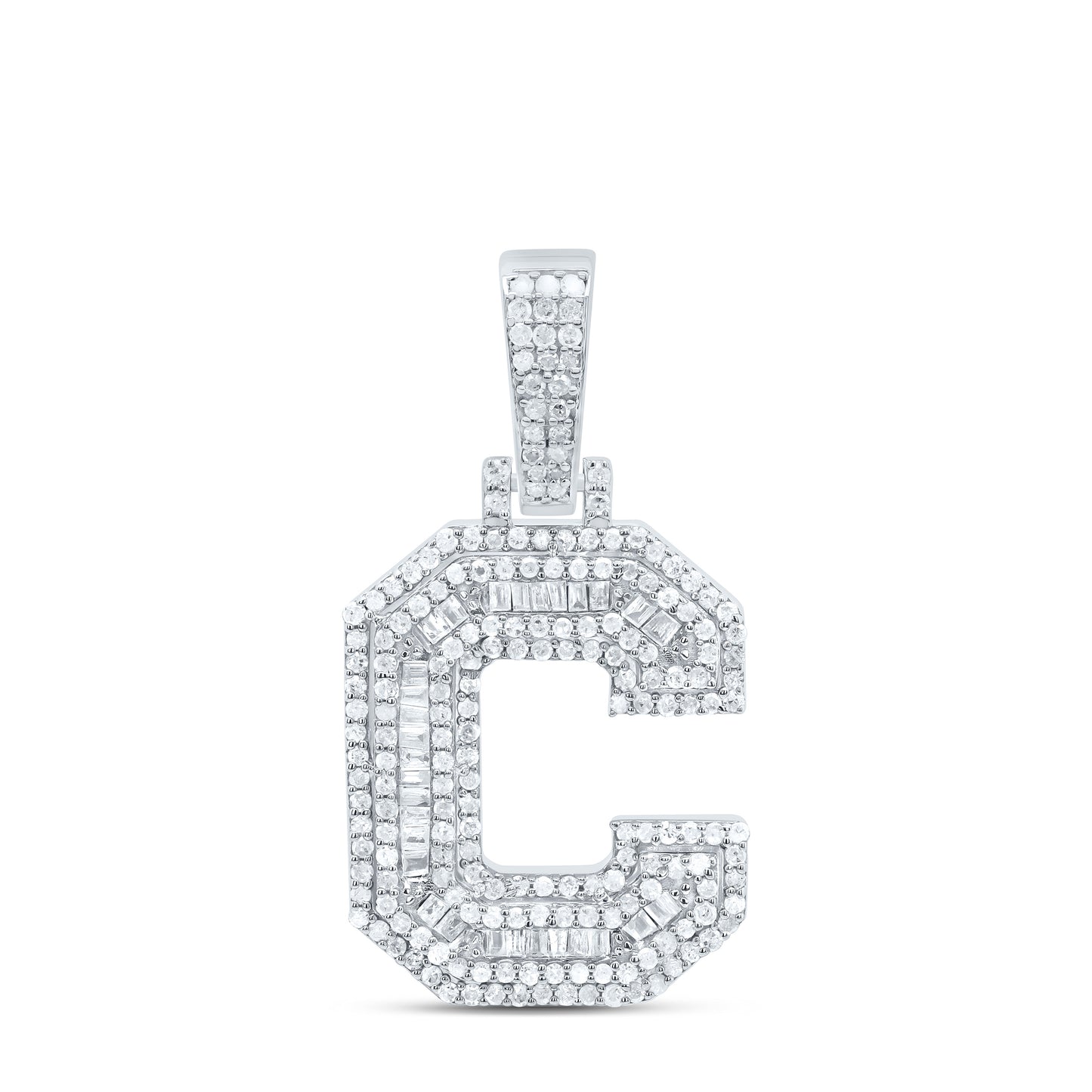 Sterling Silver White-Tone Natural Diamond Mens Initial Pendant