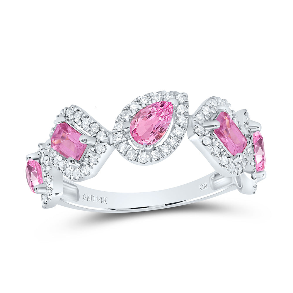 14K White Gold 1/3 Ctw Diamond 3/4 Ctw Pear Pink Sapphire 3/8 Ctw Emerald Pink Sapphire Natural Gem Fashion Ring, Womens Size: 5-9