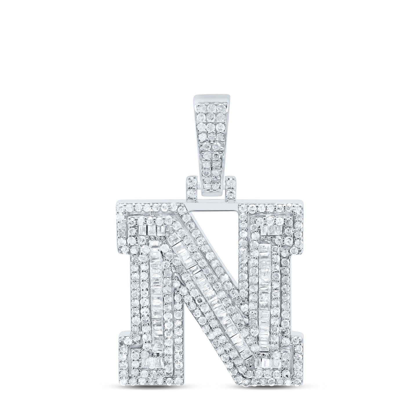 Sterling Silver White-Tone Natural Diamond Mens Initial Pendant