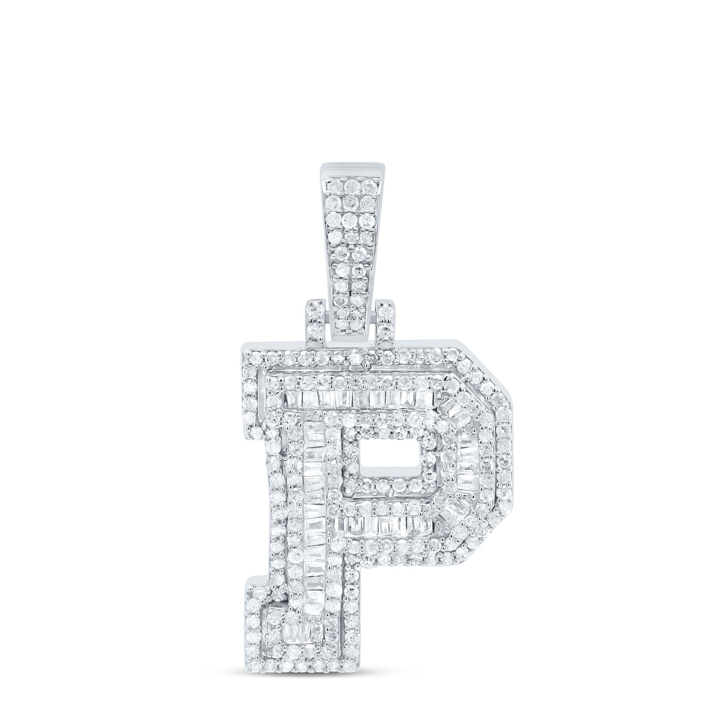 Sterling Silver White-Tone Natural Diamond Mens Initial Pendant