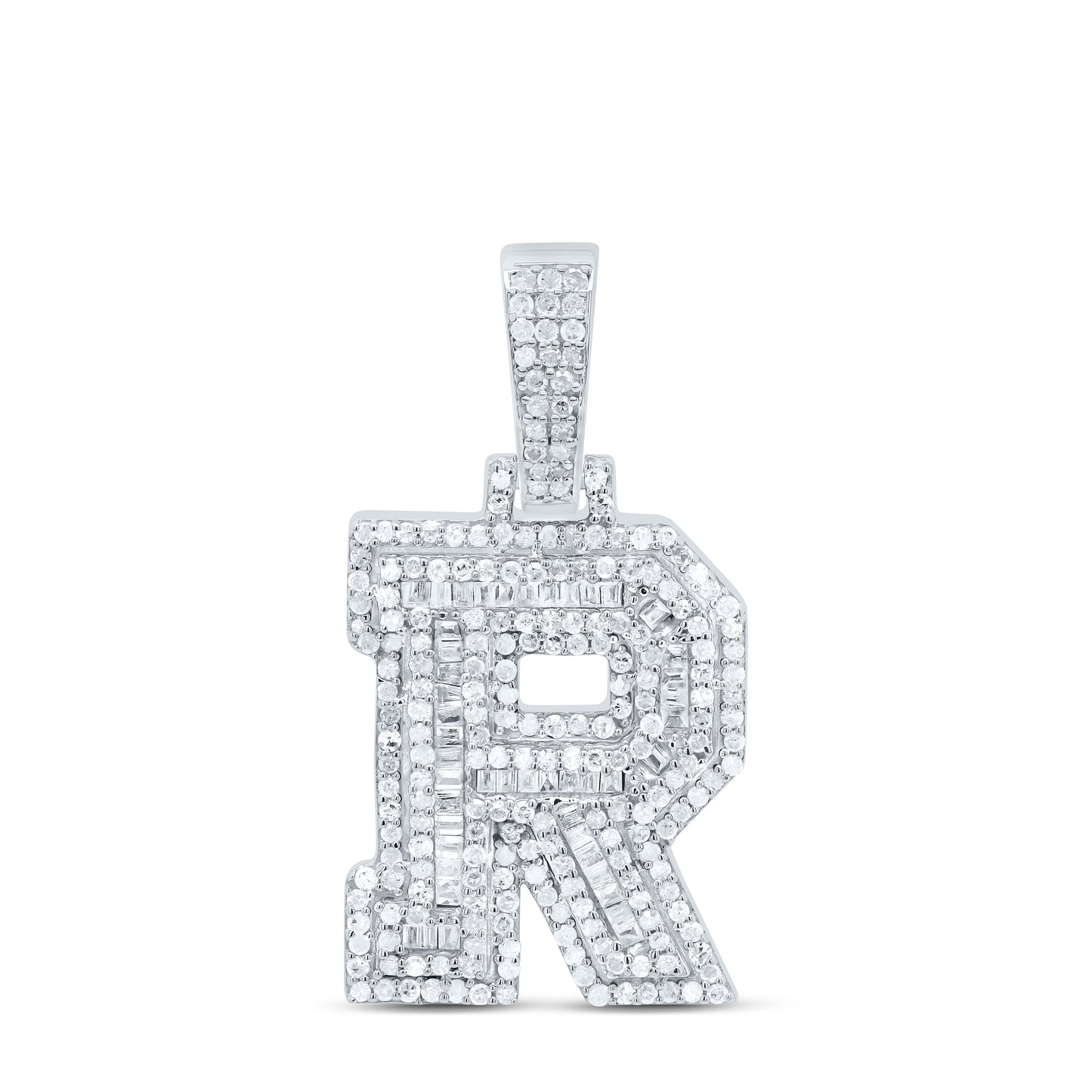 Sterling Silver White-Tone Natural Diamond Mens Initial Pendant