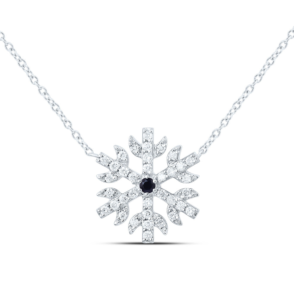 14K White Gold 1/4 Ctw Diamond 1.9MM Round Blue Sapphire Natural Gem Snowflake Necklace (17 Inch)