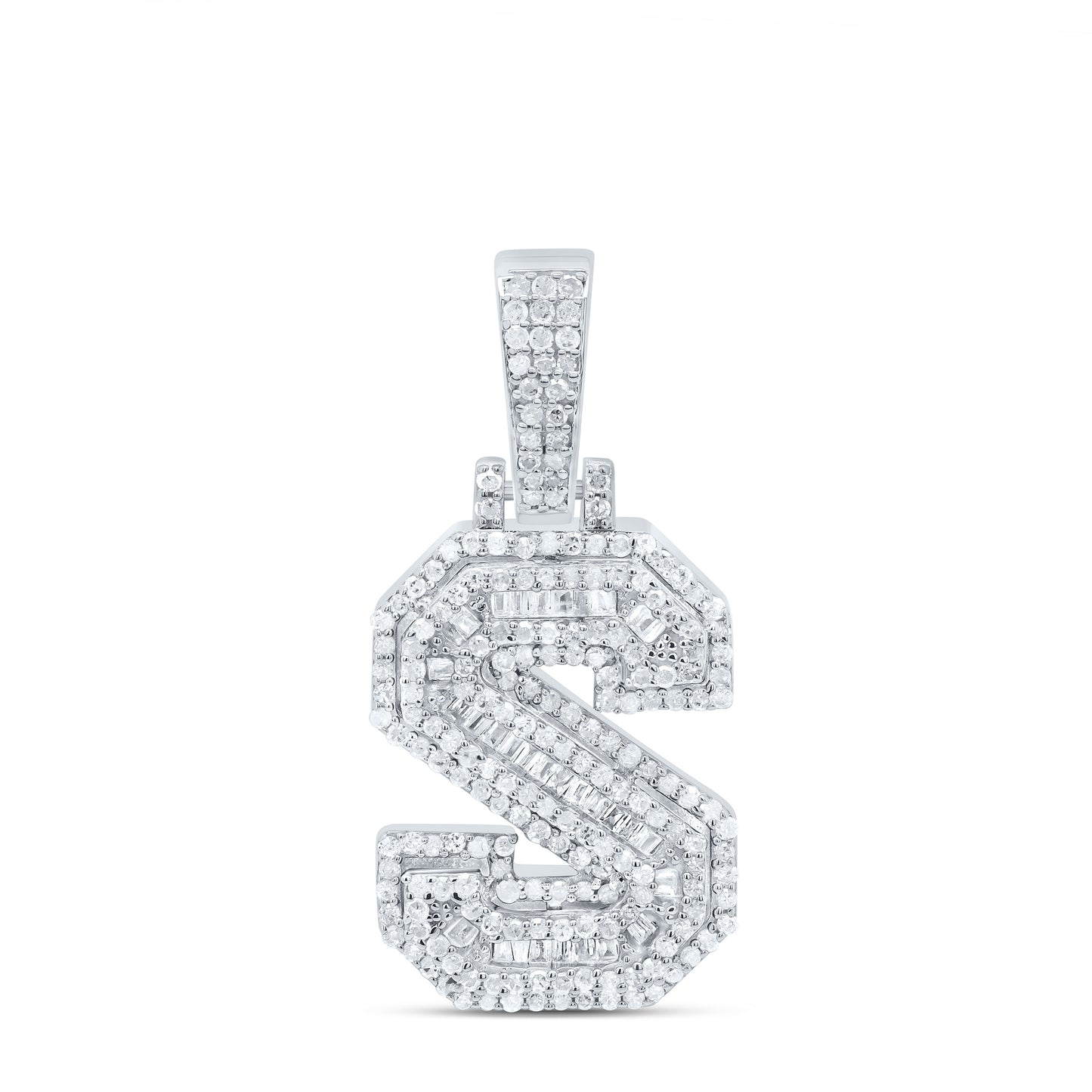 Sterling Silver White-Tone Natural Diamond Mens Initial Pendant