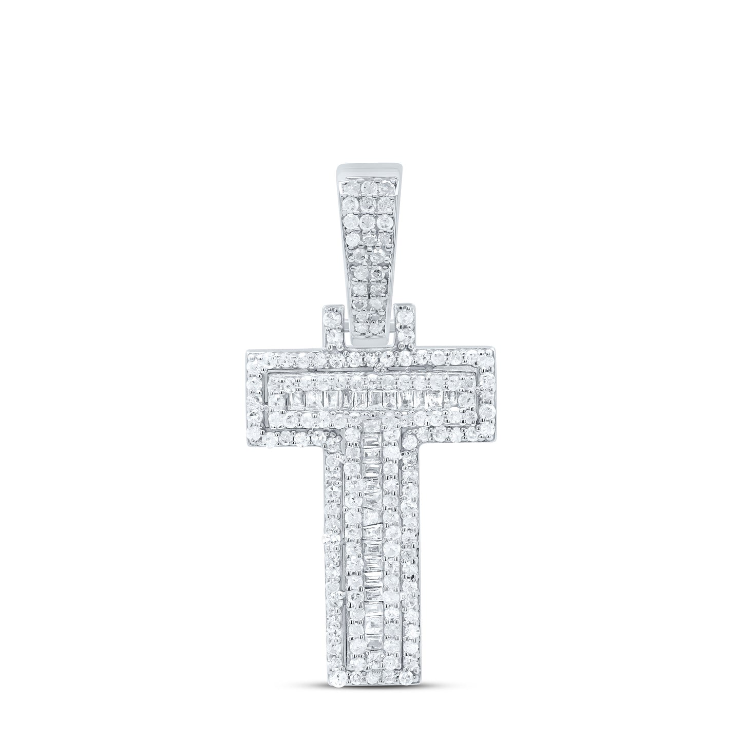 Sterling Silver White-Tone Natural Diamond Mens Initial Pendant