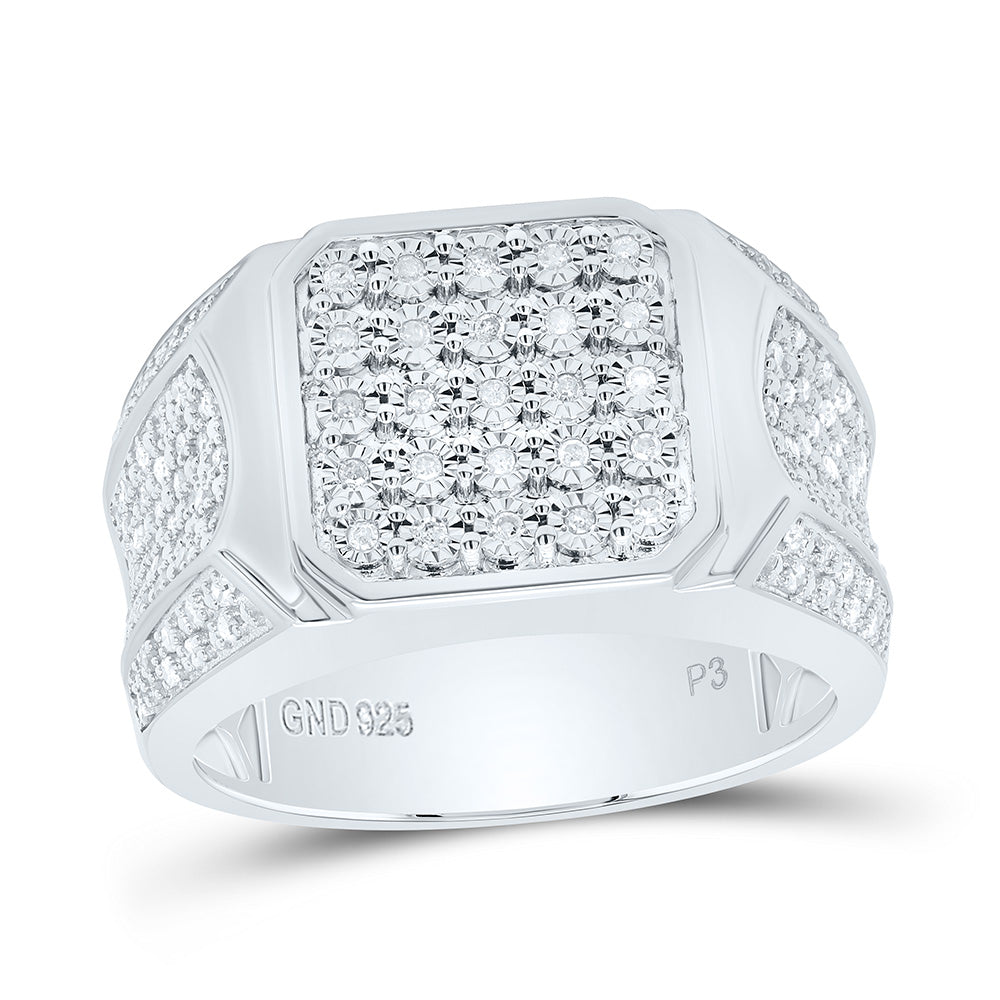 Sterling Silver White-Tone 3/8 Ctw Natural Diamond Octagon Mens Ring, Mens Size: 8-12