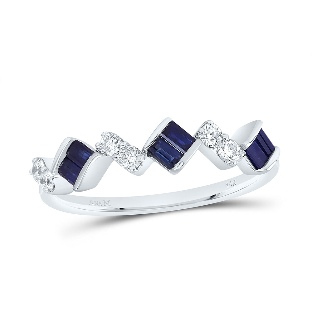 14K White Gold 1/5 Ctw Diamond 1/2 Ctw Baguette Blue Sapphire Natural Gem Ring, Womens Size: 5-9