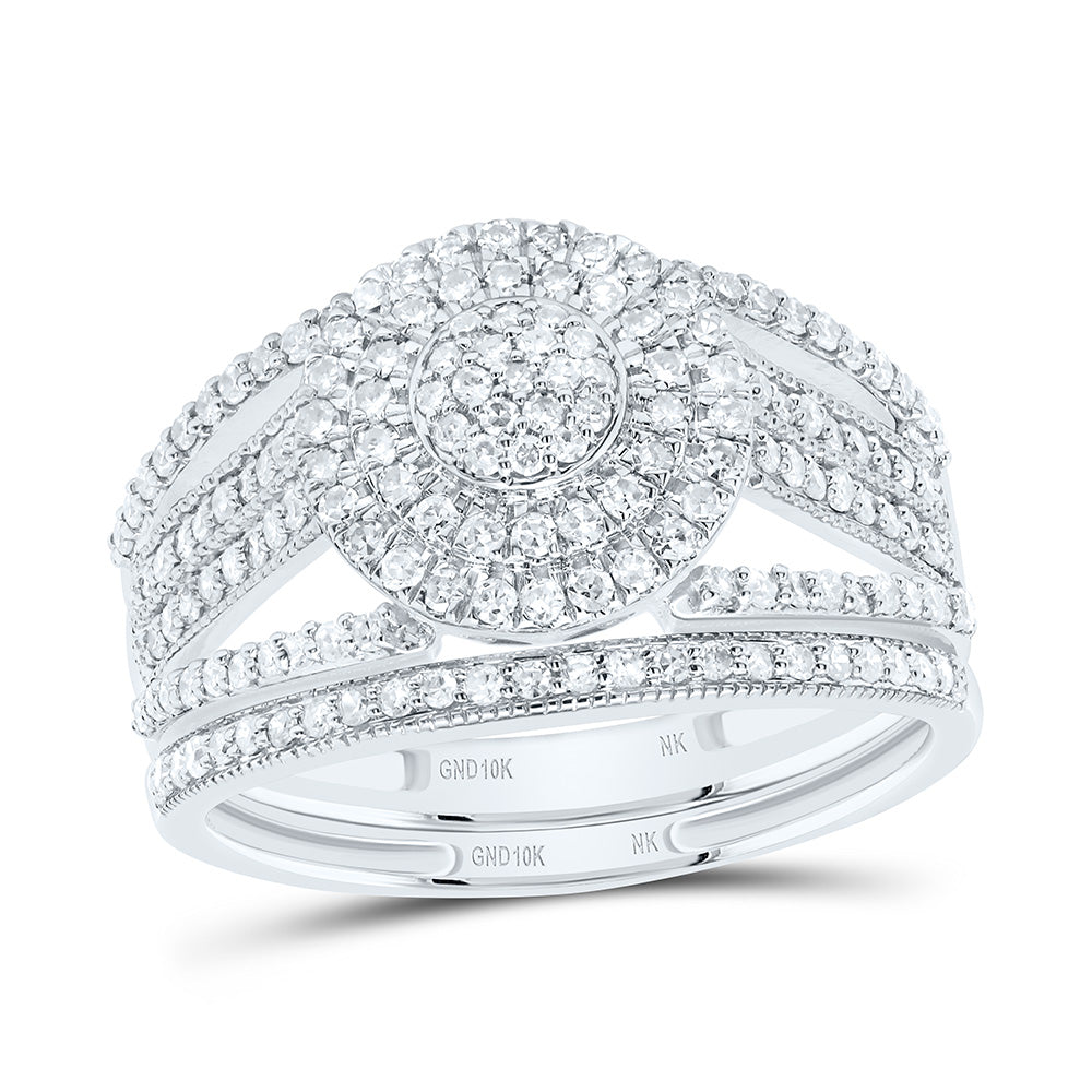 10K Yellow or White Gold 5/8 Ctw Natural Diamond Round Double Halo Bridal Set, Womens Size: 5-9