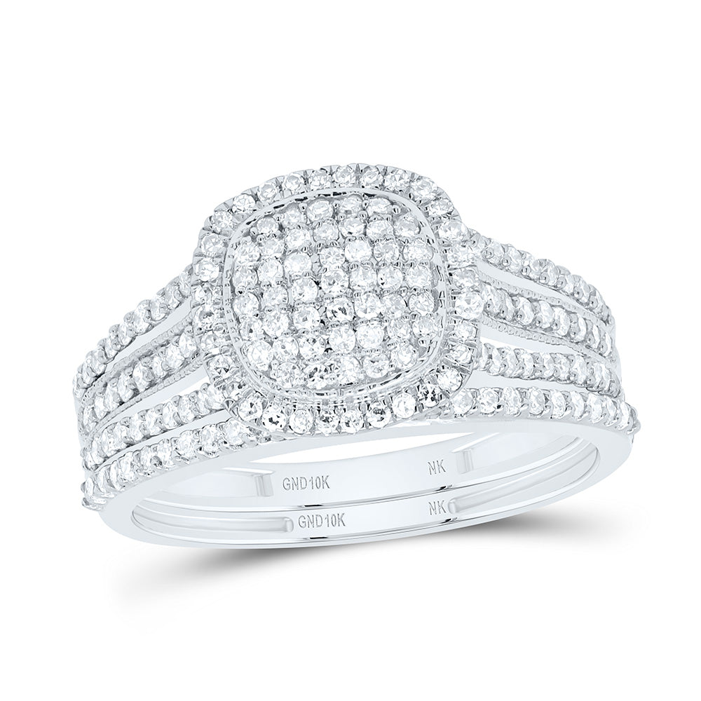 10K Yellow or White Gold 5/8 Ctw Natural Diamond Cushion Single Halo Bridal Set, Womens Size: 5-9