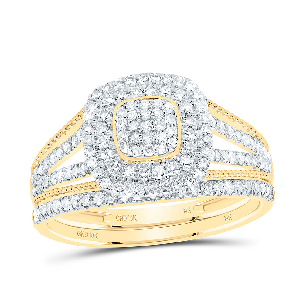 10K Yellow or White Gold 5/8 Ctw Natural Diamond Cushion Double Halo Bridal Set, Womens Size: 5-9