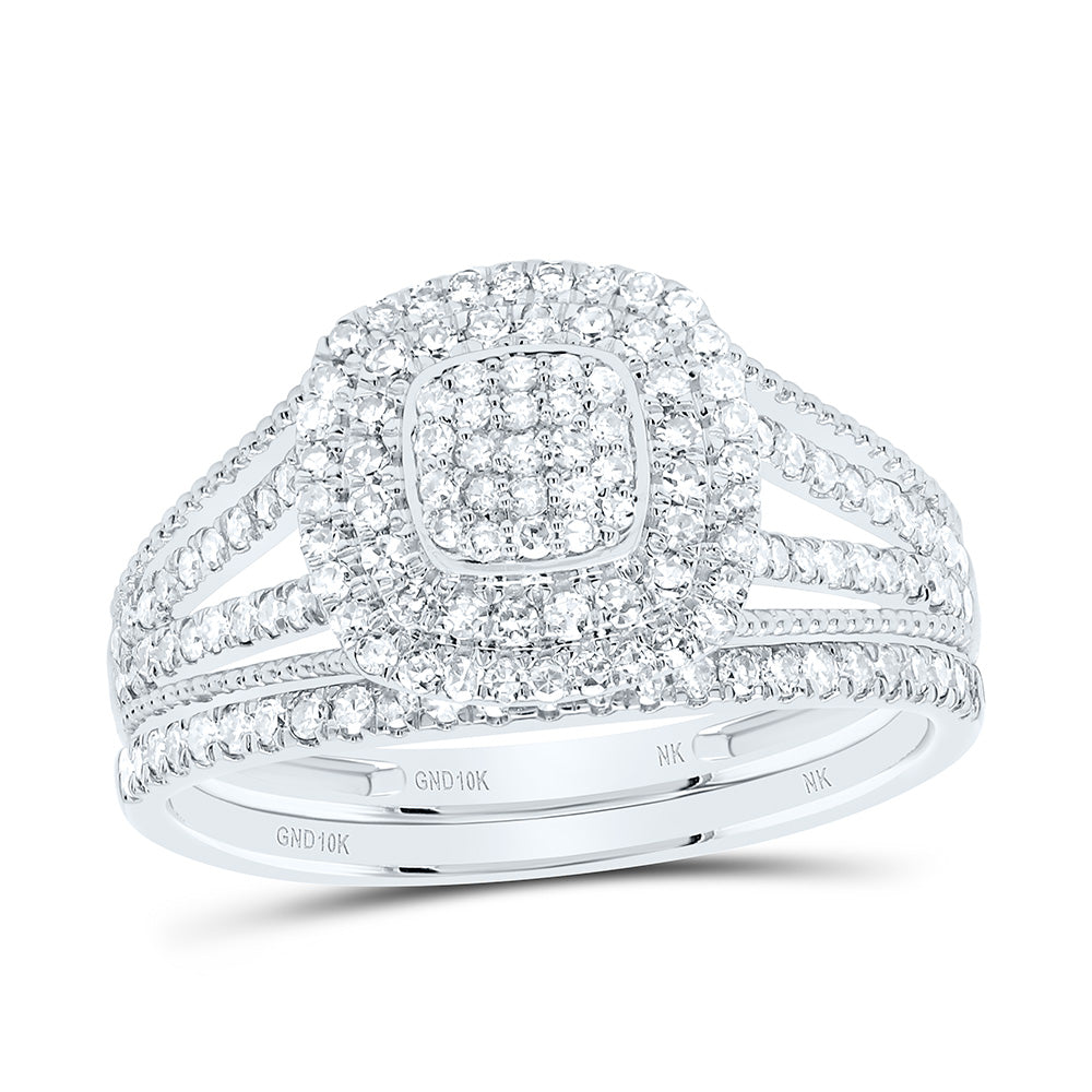 10K Yellow or White Gold 5/8 Ctw Natural Diamond Cushion Double Halo Bridal Set, Womens Size: 5-9