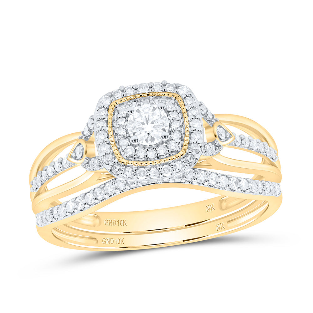 10K Yellow or White Gold 1/2 Ctw Natural Diamond Cushion Double Halo Bridal Set, Womens Size: 5-9