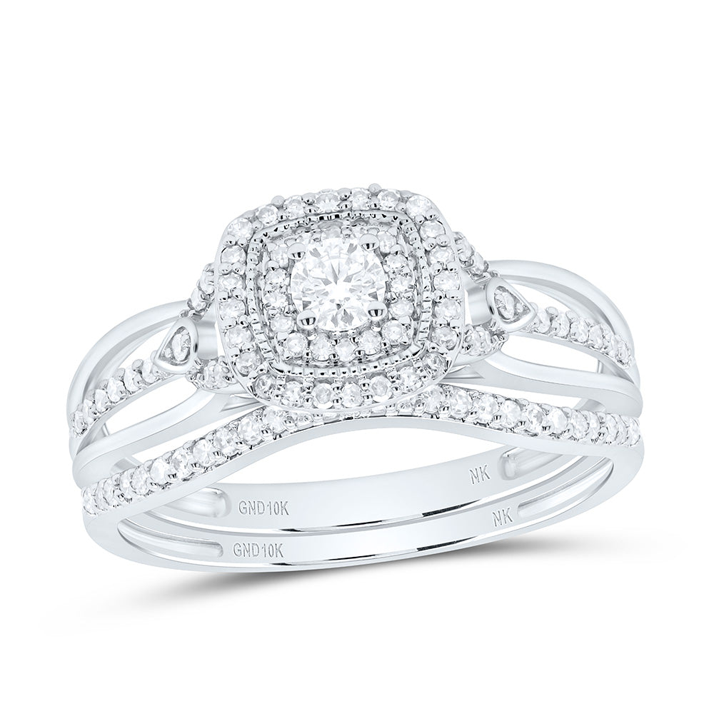 10K Yellow or White Gold 1/2 Ctw Natural Diamond Cushion Double Halo Bridal Set, Womens Size: 5-9