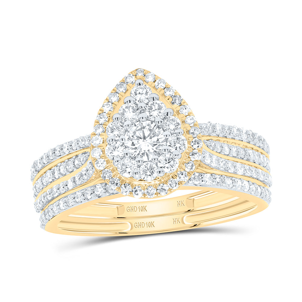10K Yellow or White Gold 7/8 Ctw Natural Diamond Pear Single Halo Bridal Set, Womens Size: 5-9