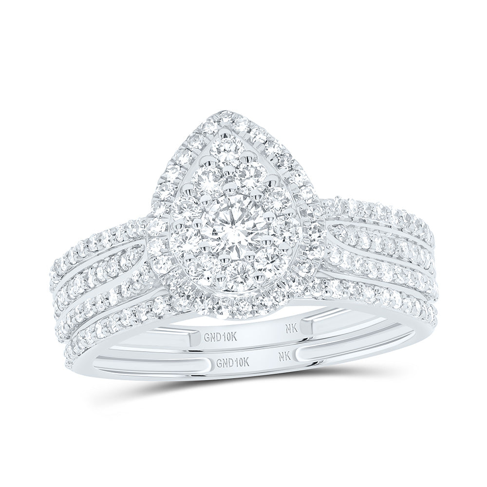 10K Yellow or White Gold 7/8 Ctw Natural Diamond Pear Single Halo Bridal Set, Womens Size: 5-9