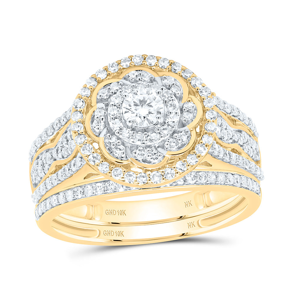 10K Yellow or White Gold 7/8 Ctw Natural Diamond Round Single Halo Flower Bridal Set, Womens Size: 5-9