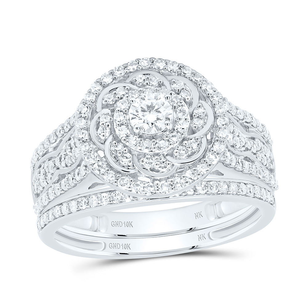 10K Yellow or White Gold 7/8 Ctw Natural Diamond Round Single Halo Flower Bridal Set, Womens Size: 5-9