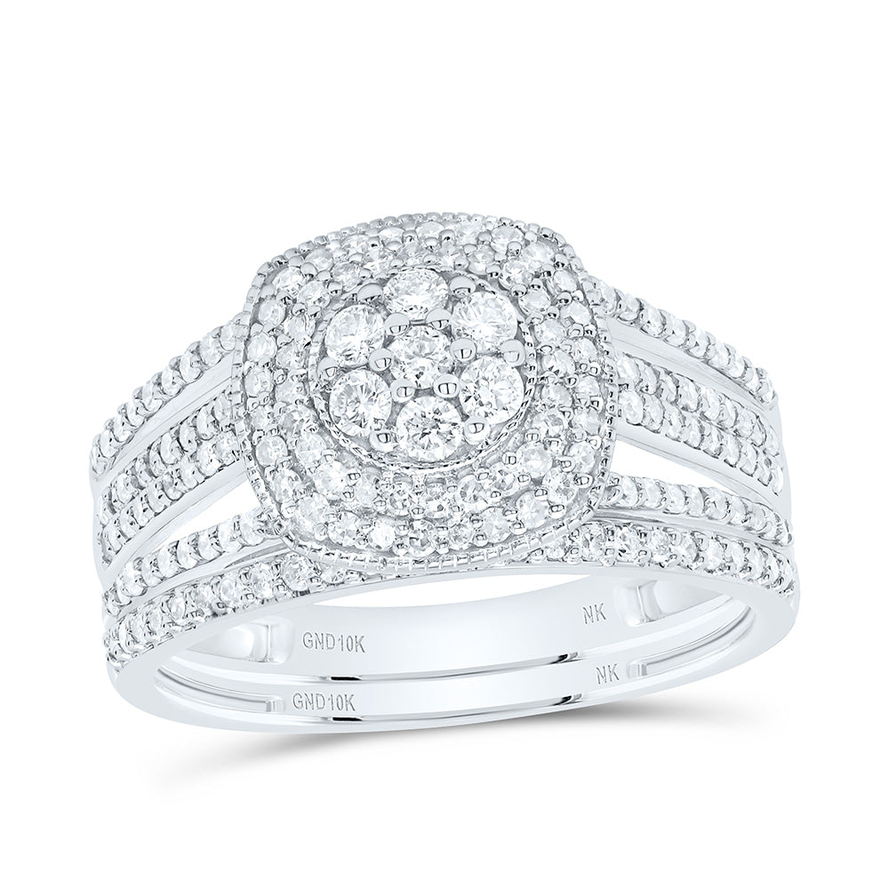 10K Yellow or White Gold 3/4 Ctw Natural Diamond Cushion Double Halo Bridal Set, Womens Size: 5-9