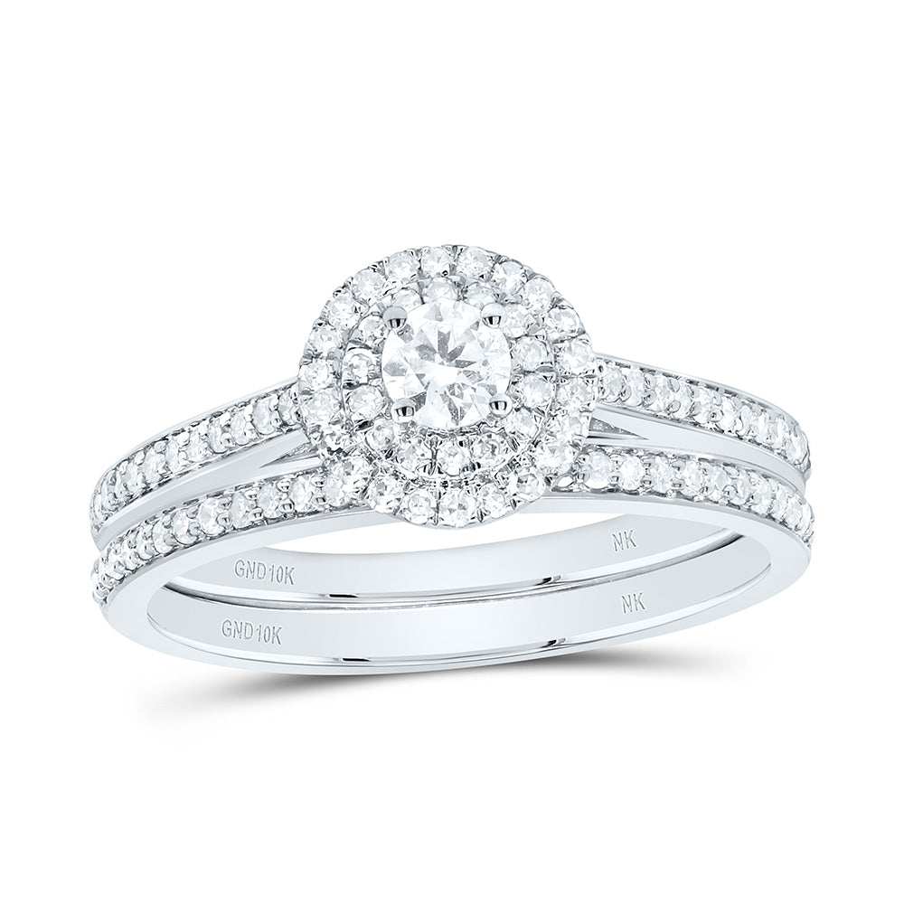 10K Yellow or White Gold 1/2 Ctw Natural Diamond Round Double Halo Bridal Set, Womens Size: 5-9