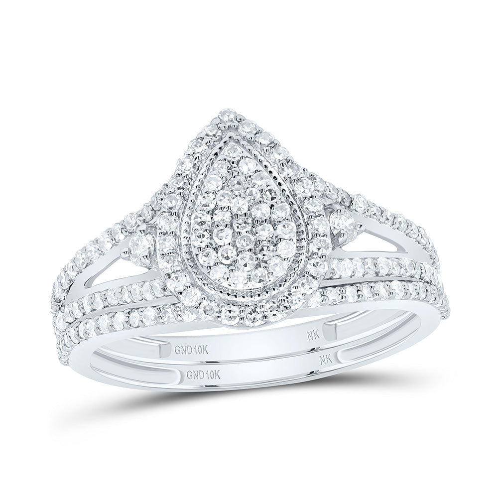 10K Yellow or White Gold 5/8 Ctw Natural Diamond Pear Single Halo Bridal Set, Womens Size: 5-9