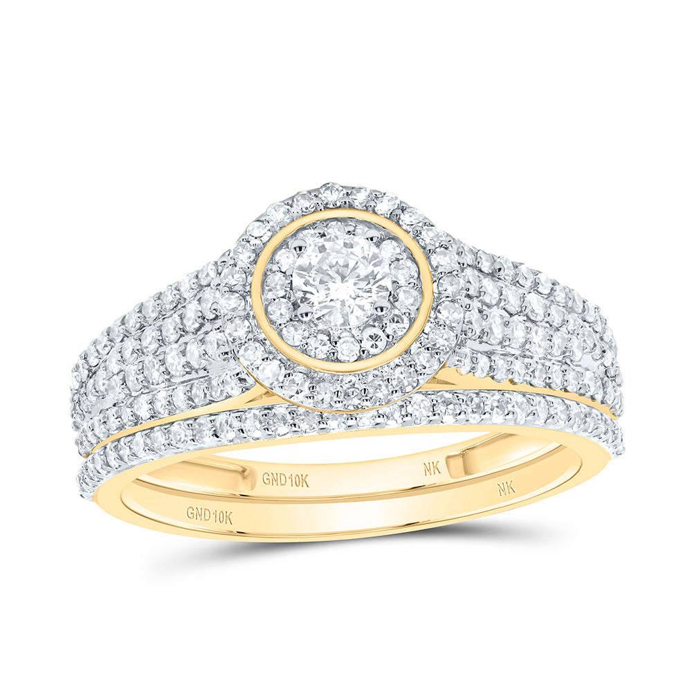 10K Yellow or White Gold 3/4 Ctw Natural Diamond Round Double Halo Bridal Set, Womens Size: 5-9