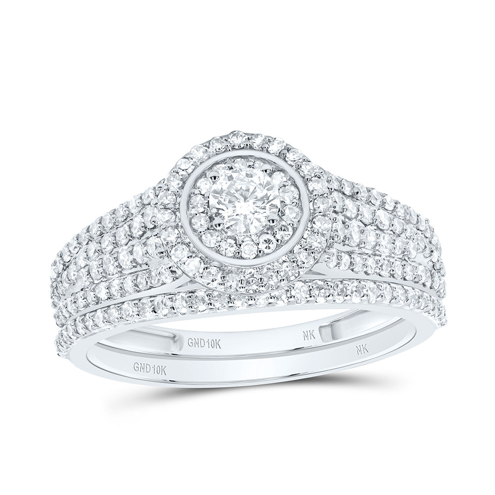 10K Yellow or White Gold 3/4 Ctw Natural Diamond Round Double Halo Bridal Set, Womens Size: 5-9