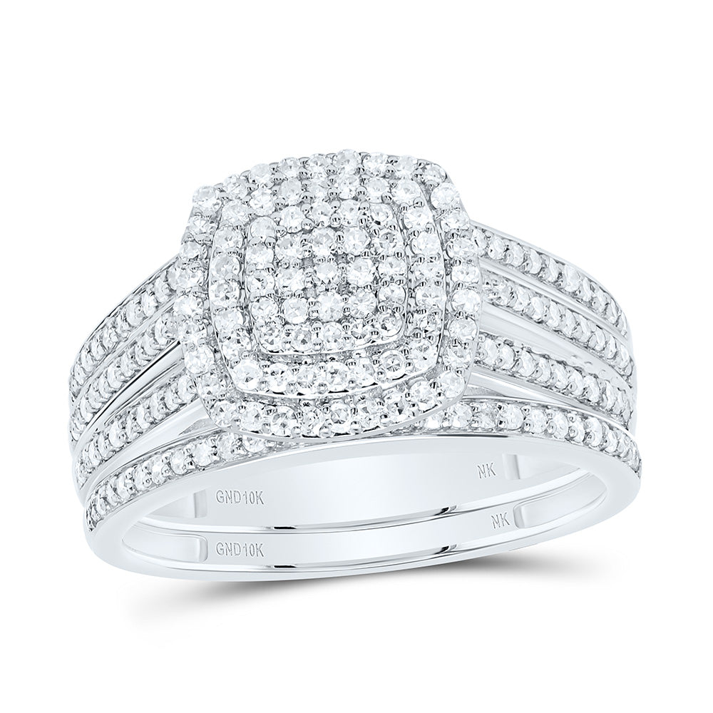 10K Yellow or White Gold 5/8 Ctw Natural Diamond Cushion Double Halo Bridal Set, Womens Size: 5-9