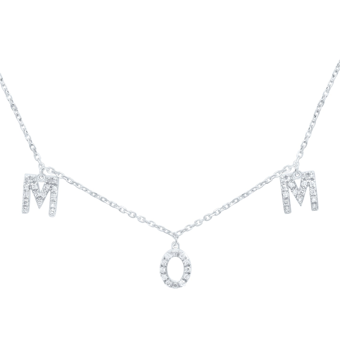 Sterling Silver White-Tone 1/10 Ctw Natural Diamond "Mom" Necklace (18 Inch)