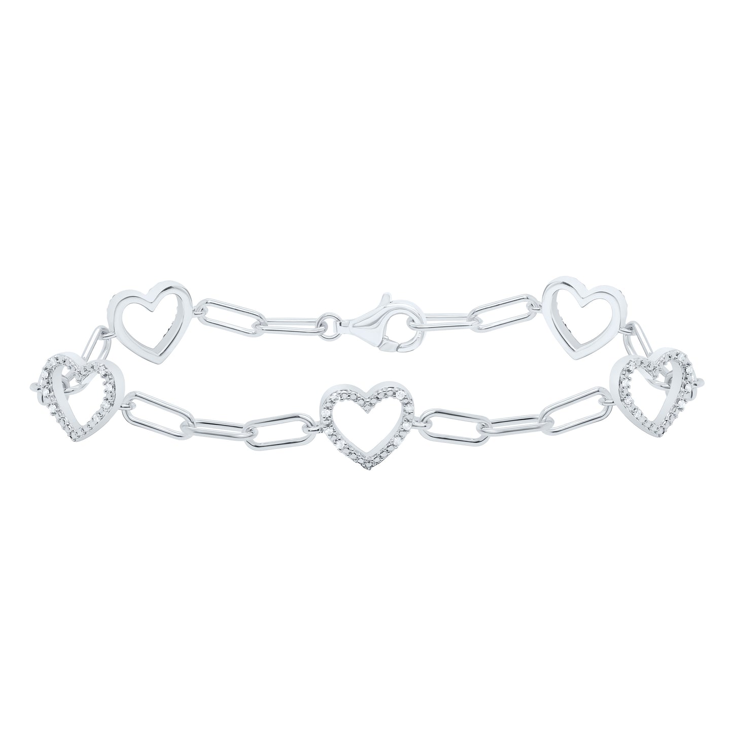 Sterling Silver White-Tone 1/6 Ctw Natural Diamond Heart Bracelet (7 Inch)