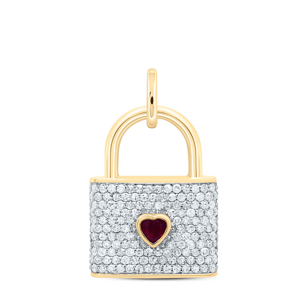 10K Yellow or White Gold 1/2 Ctw Diamond 3.00MM Ruby Natural Gem Heart Lock Pendant
