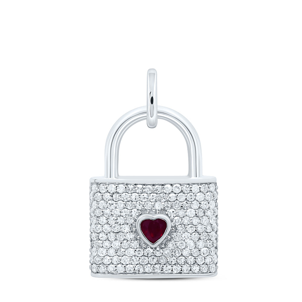 10K Yellow or White Gold 1/2 Ctw Diamond 3.00MM Ruby Natural Gem Heart Lock Pendant