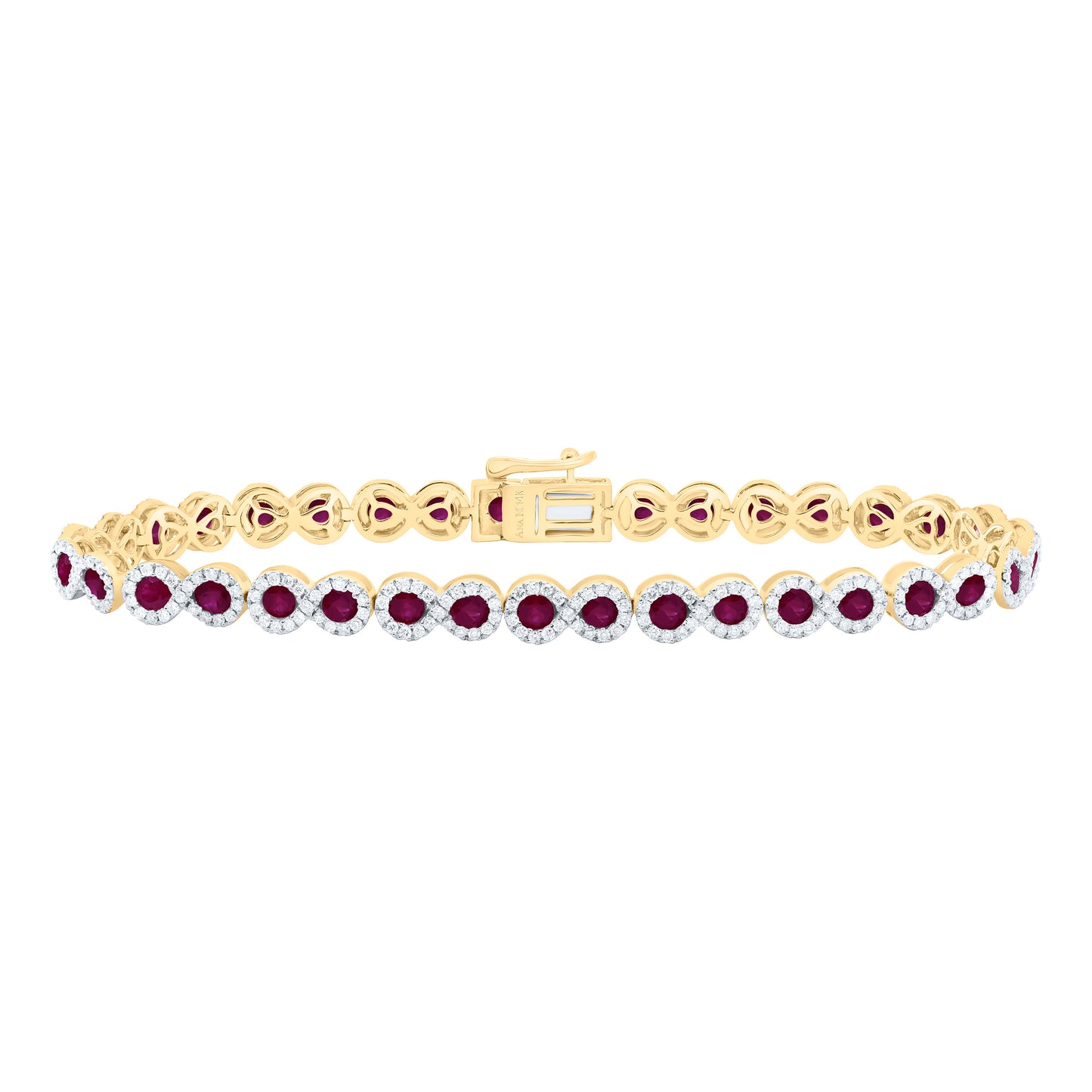14K Yellow Gold 1 3/8 Ctw Diamond 3 1/2 Ctw Round Ruby Natural Gem Bracelet (7 Inch)