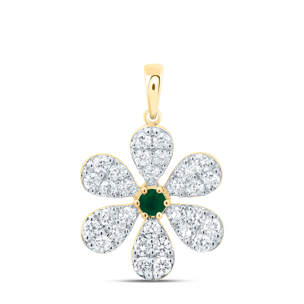14K Yellow or White Gold 1 Ctw Diamond Round Natural Gem Flower Pendant