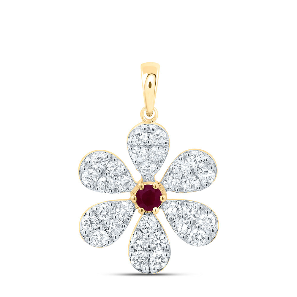 14K Yellow or White Gold 1 Ctw Diamond Round Natural Gem Flower Pendant