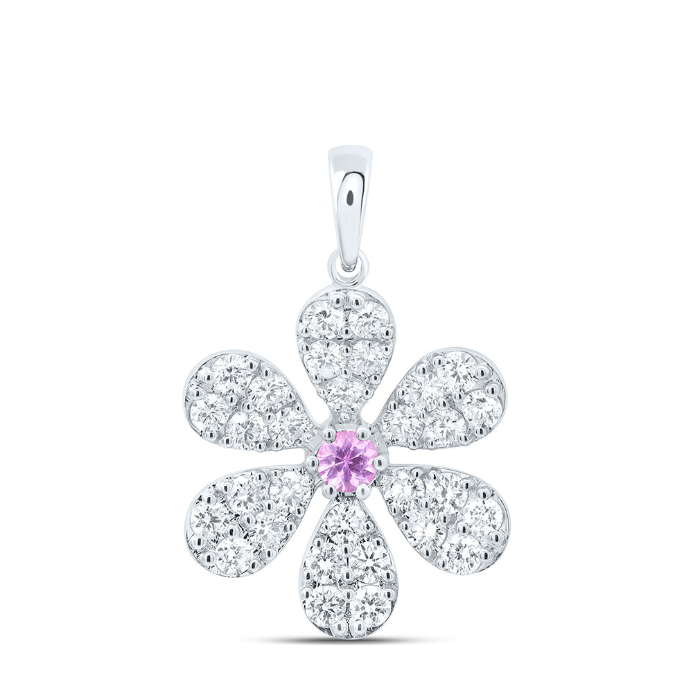 14K White or Rose Gold 1 Ctw Diamond 3MM Round Pink Sapphire Natural Gem Flower Pendant