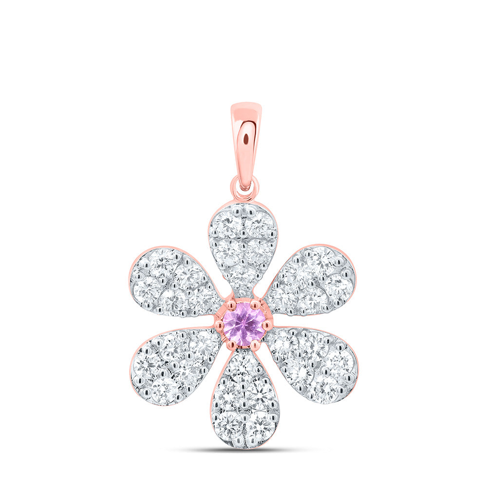 14K White or Rose Gold 1 Ctw Diamond 3MM Round Pink Sapphire Natural Gem Flower Pendant