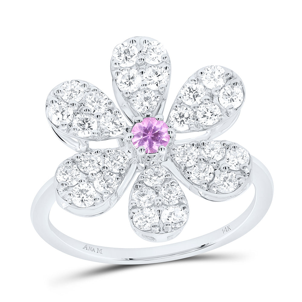 14K White or Rose Gold 1 Ctw Diamond 3MM Round Pink Sapphire Natural Gem Flower Ring, Womens Size: 5-9