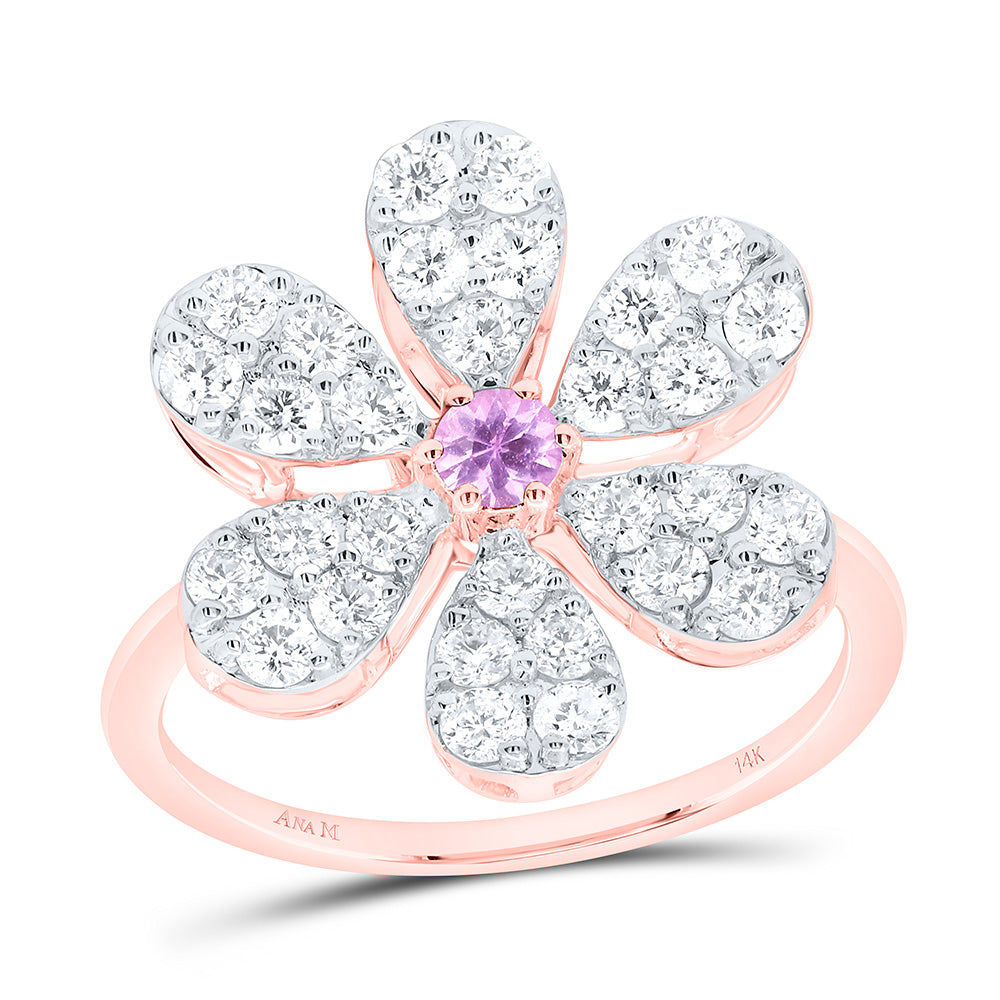 14K White or Rose Gold 1 Ctw Diamond 3MM Round Pink Sapphire Natural Gem Flower Ring, Womens Size: 5-9