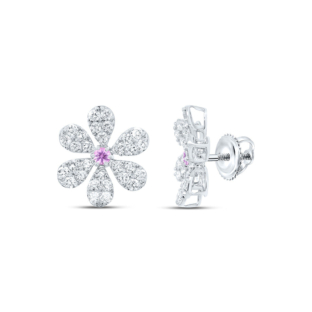 14K White or Rose Gold 1 1/3 Ctw Diamond 2.6MM Round Pink Sapphire Natural Gem Flower Earring