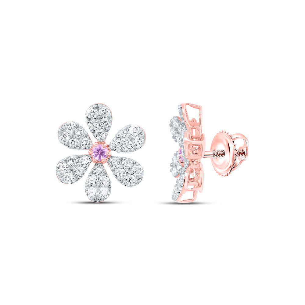 14K White or Rose Gold 1 1/3 Ctw Diamond 2.6MM Round Pink Sapphire Natural Gem Flower Earring