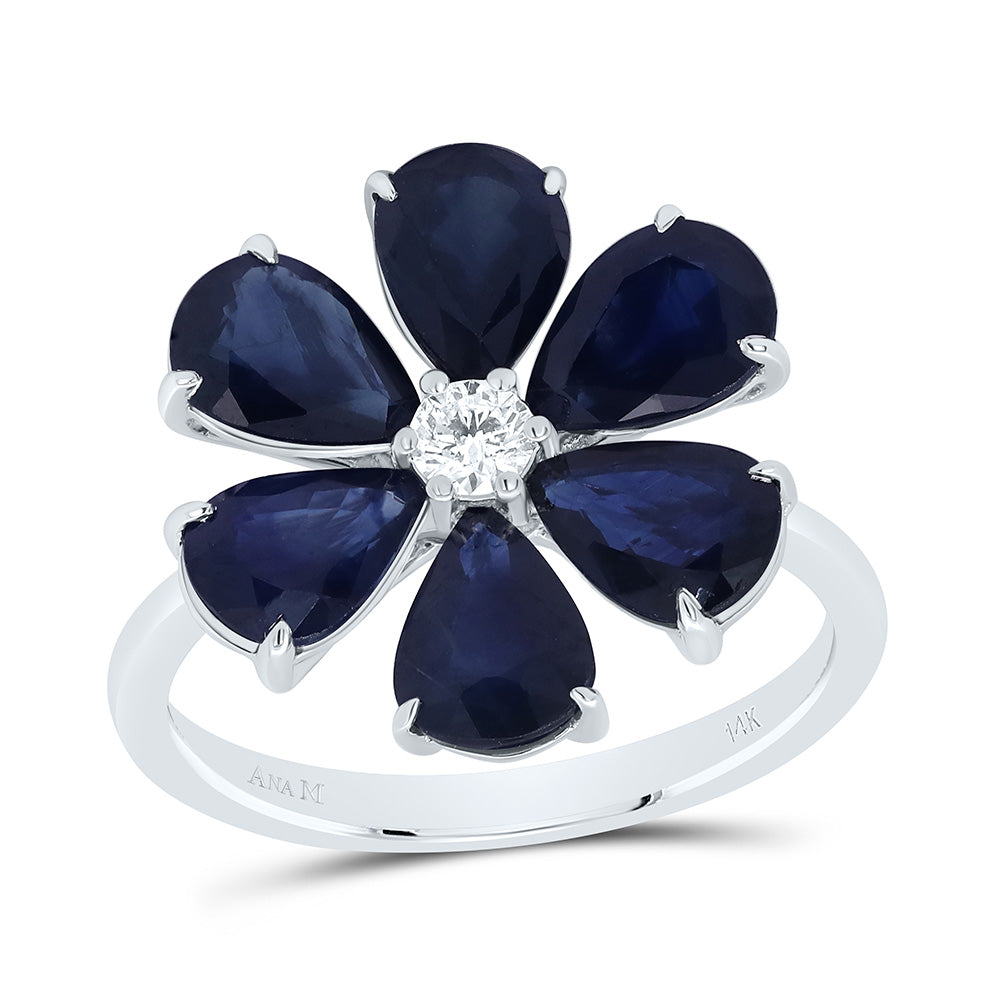 14K Yellow or White Gold 1/8 Ctw Diamond Pear Natural Gem Flower Ring, Womens Size: 5-9