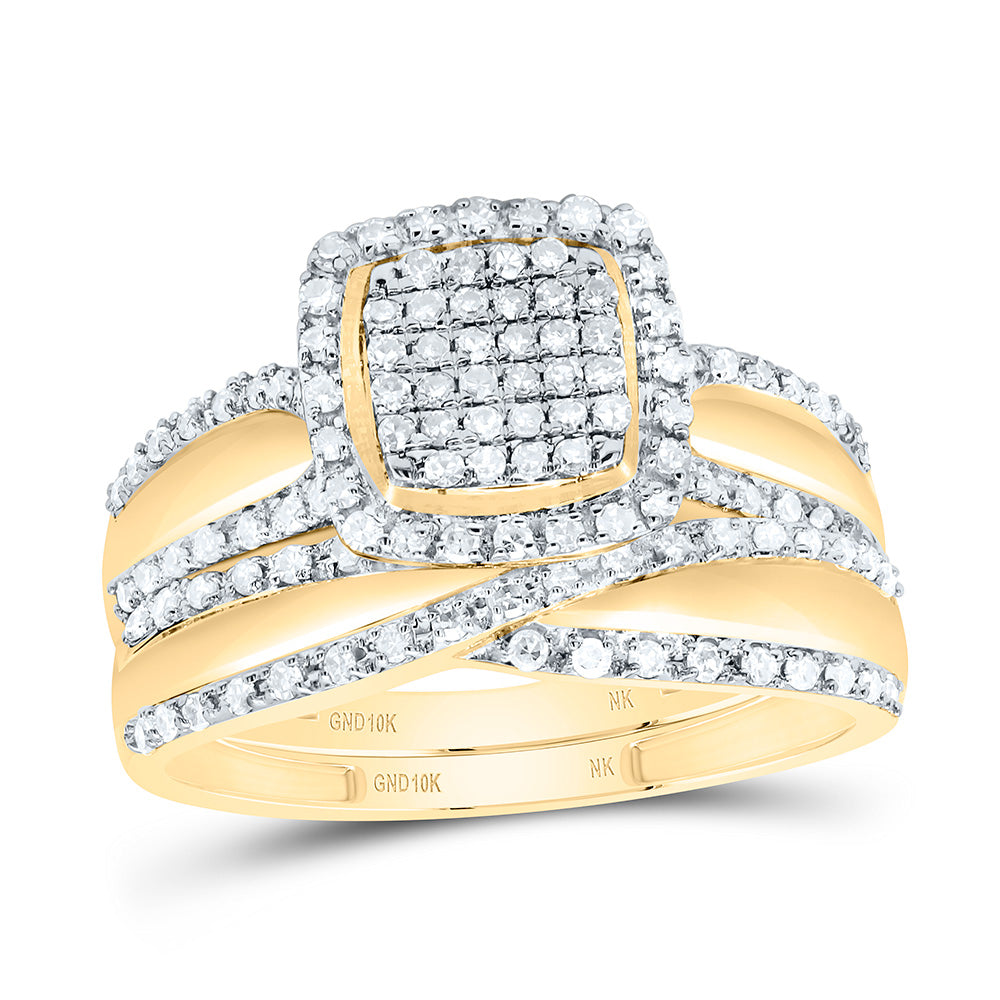 10K Yellow or White Gold 1/2 Ctw Natural Diamond Cushion Single Halo Bridal Set, Womens Size: 5-9