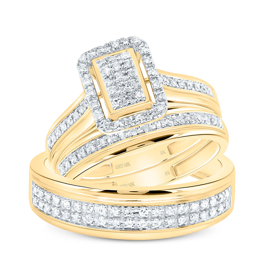 10K Yellow or White Gold 3/8 Ctw Natural Diamond Fashion Emerlad Trio Set, Womens Size: 5-9, Mens Size: 8-12