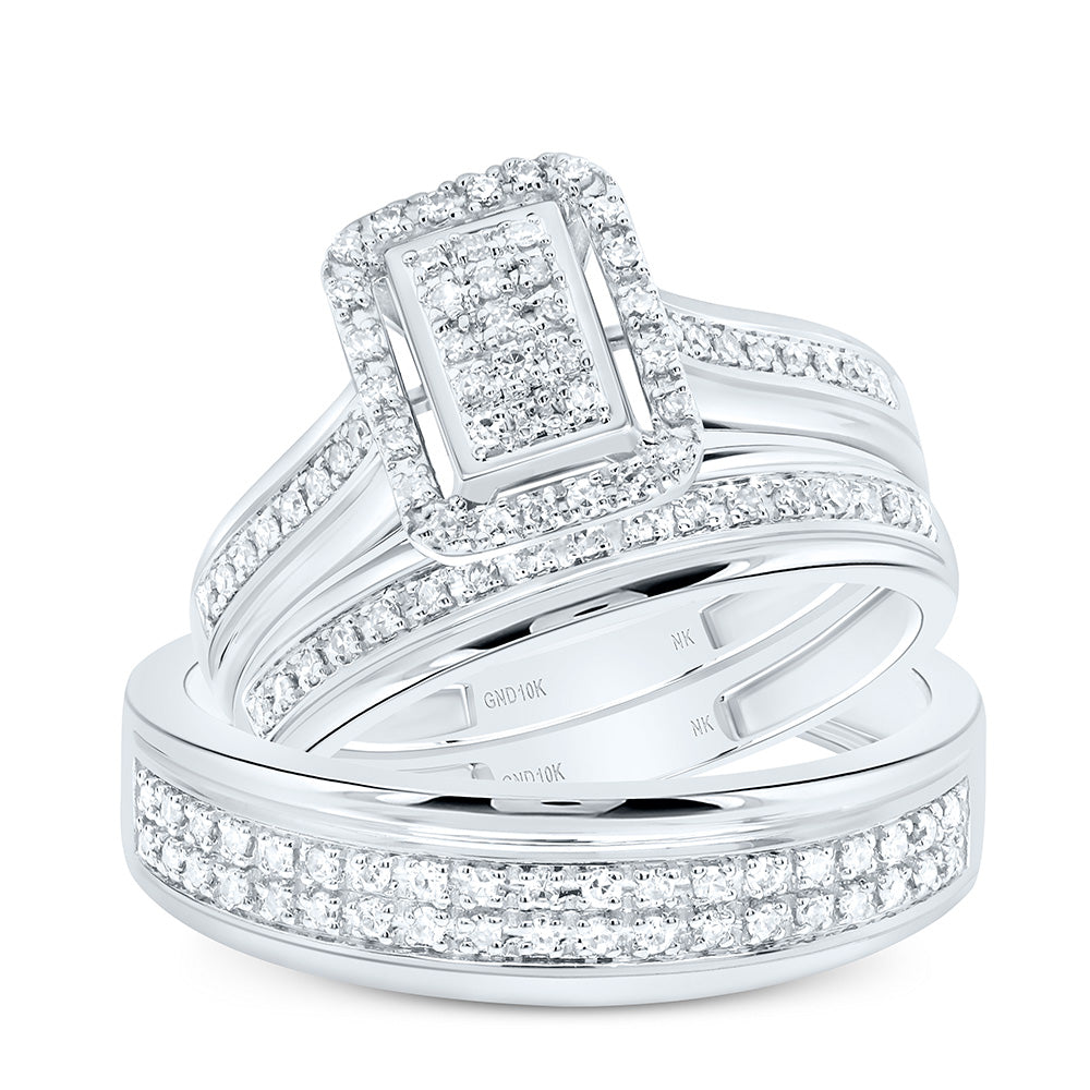 10K Yellow or White Gold 3/8 Ctw Natural Diamond Fashion Emerlad Trio Set, Womens Size: 5-9, Mens Size: 8-12