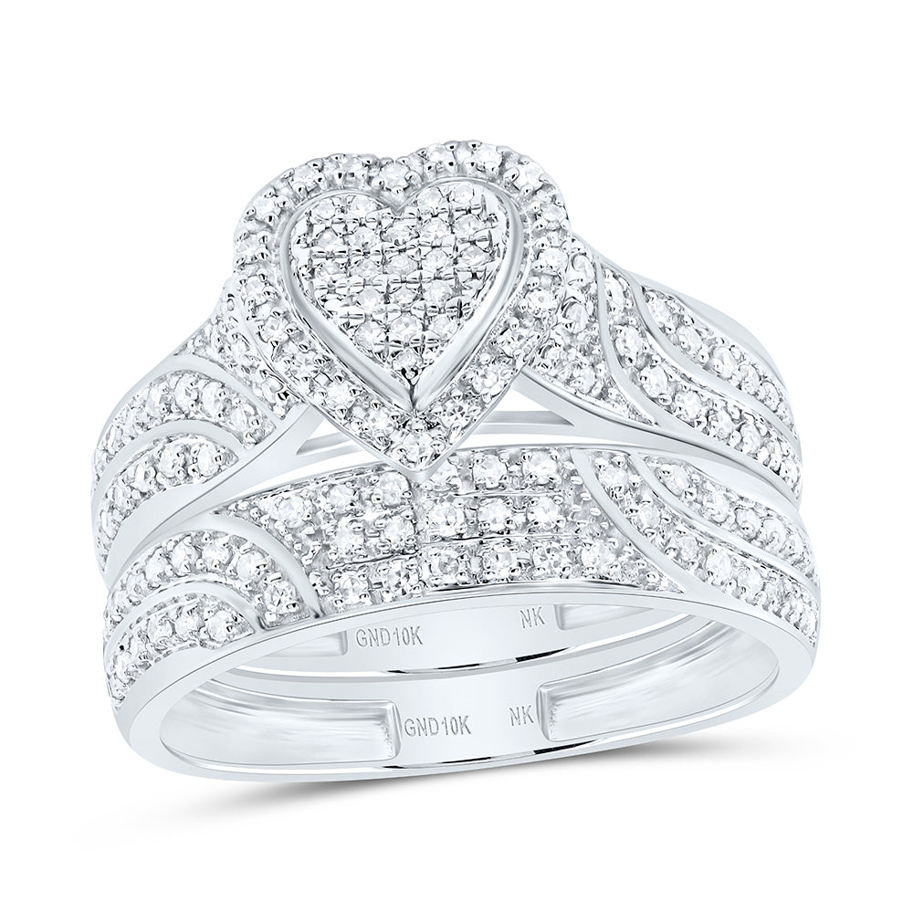 10K Yellow or White Gold 5/8 Ctw Natural Diamond Fashion Heart Trio Set, Womens Size: 5-9, Mens Size: 8-12